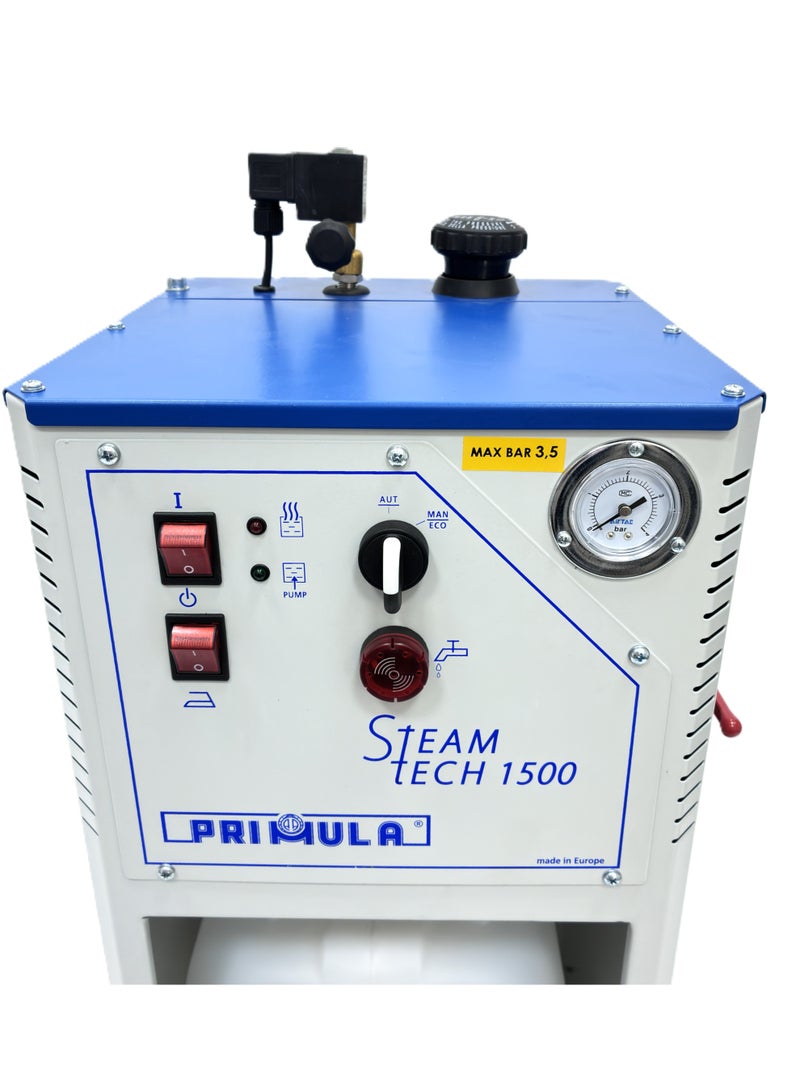 بريمولا مولد بخار أوتوماتيكي بريمولا ستيم تك 1500، غلاية سعة 5 لترات، ضمان لمدة عامين، مع خزان مياه سعة 18 لترًا وقاعدة مكواة مؤكسدة، 800 واط - Image 1